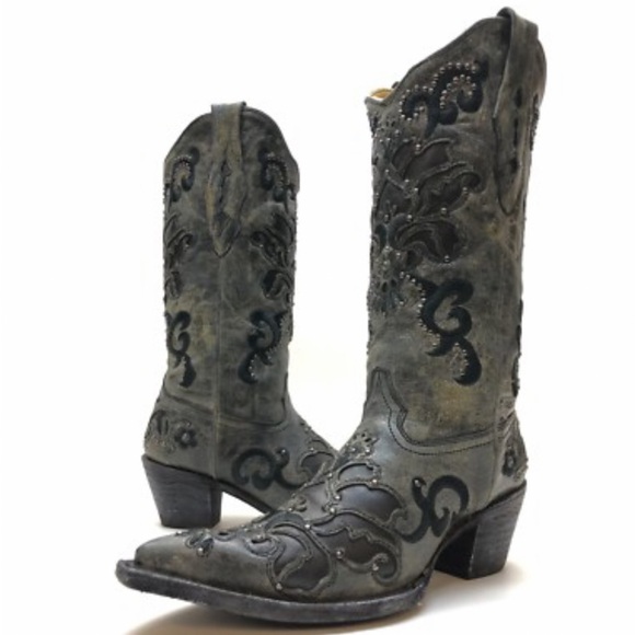 Corral Shoes - Corral Women's Black Studded Inlay Embroidered square toe Western Boots